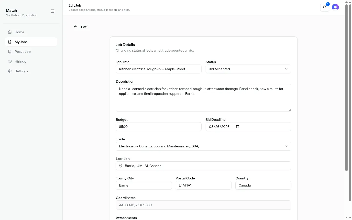 Edit Job form updating scope, trade, and status