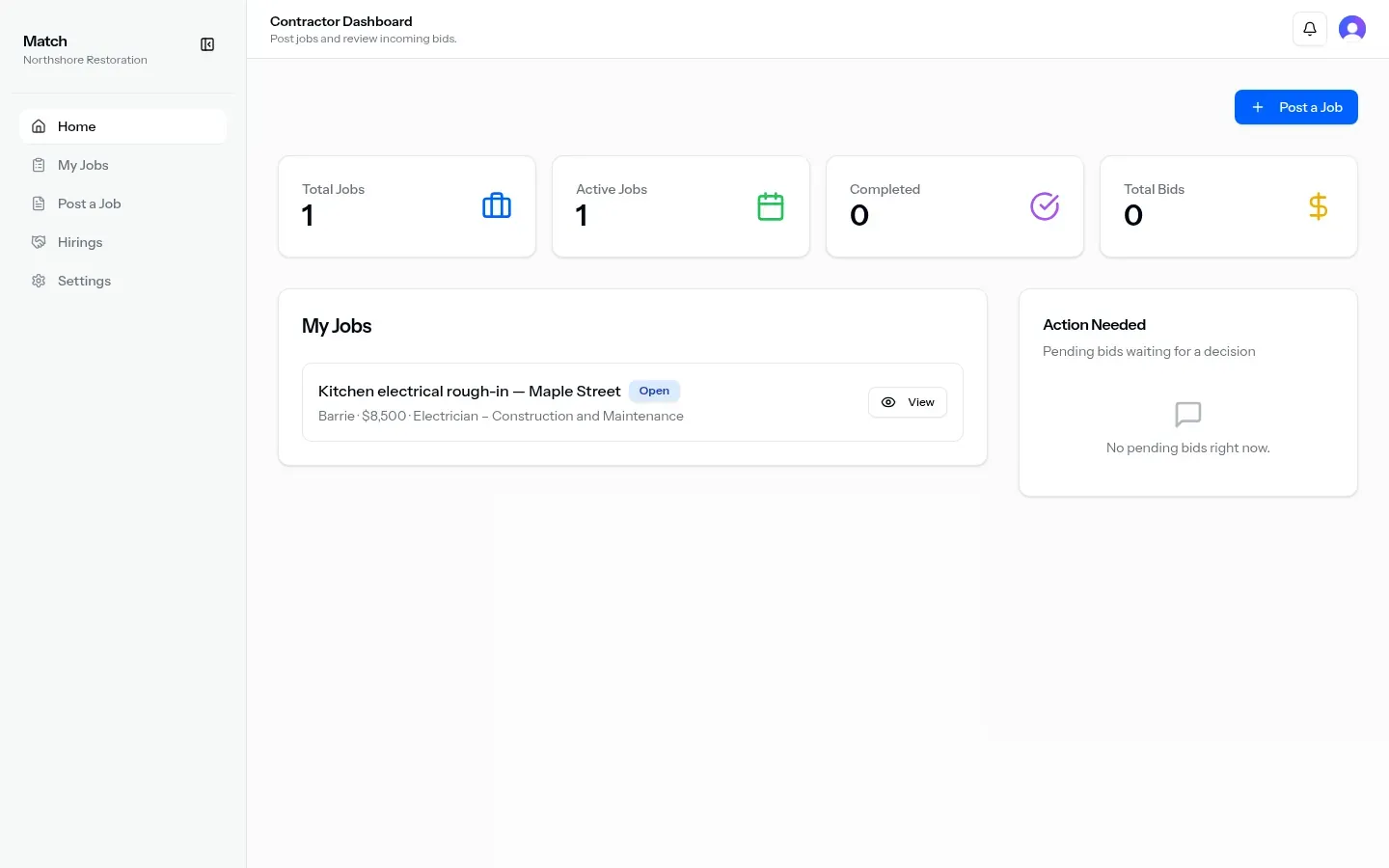 Contractor dashboard for Northshore Restoration with recent jobs