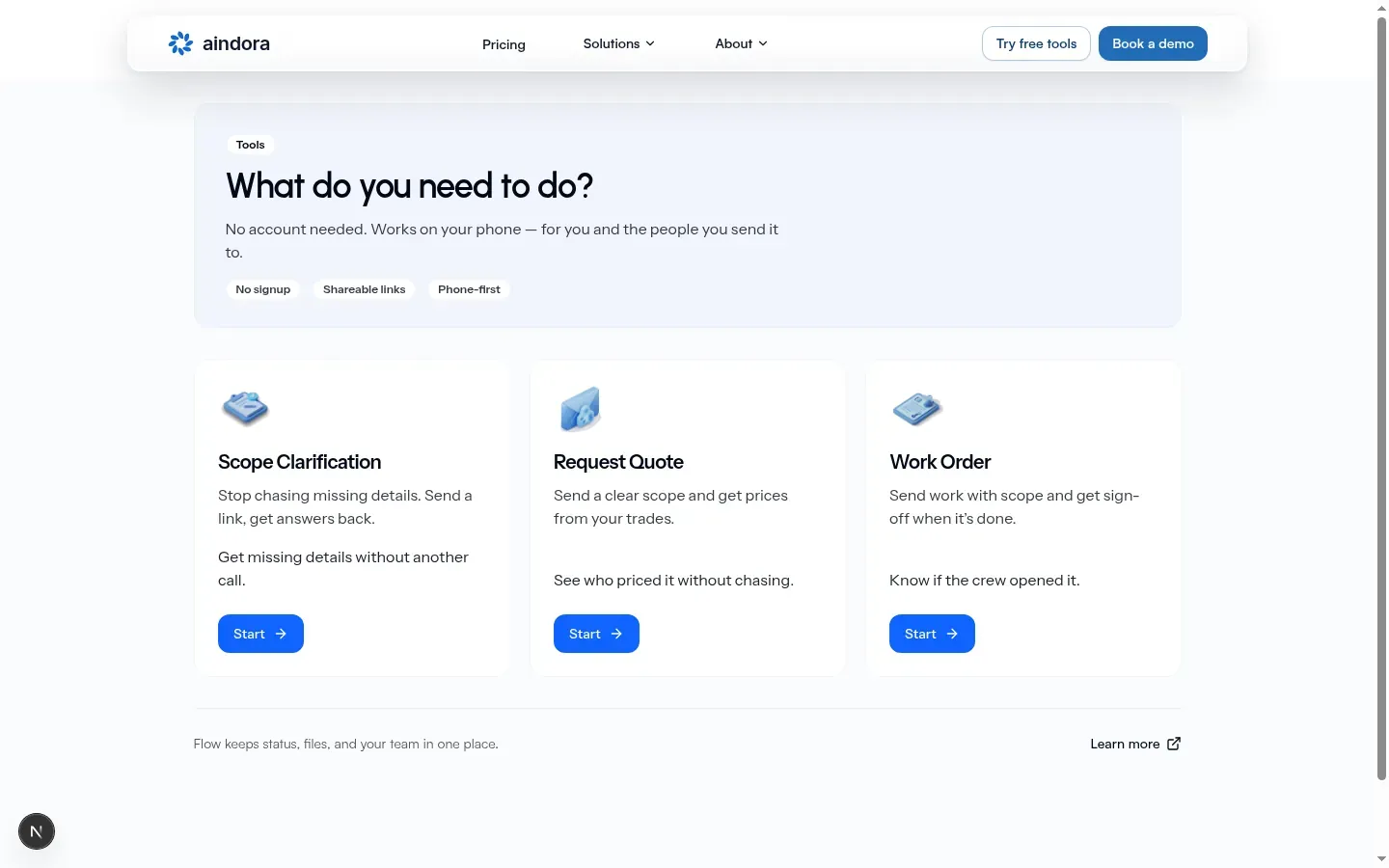 Free tools hub with Scope Clarification, Request Quote, and Work Order