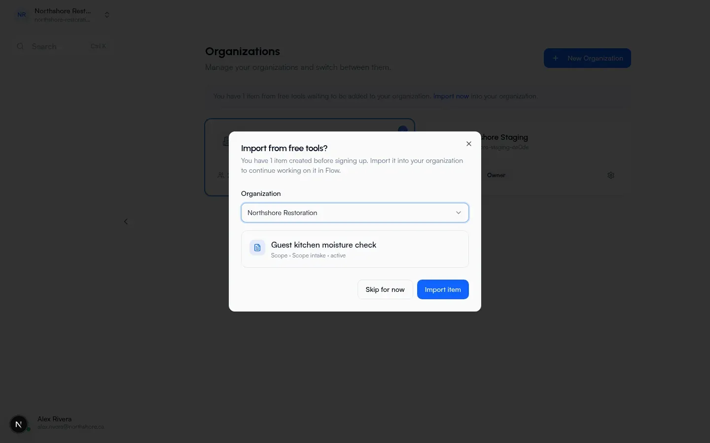 Import from free tools dialog on Organizations