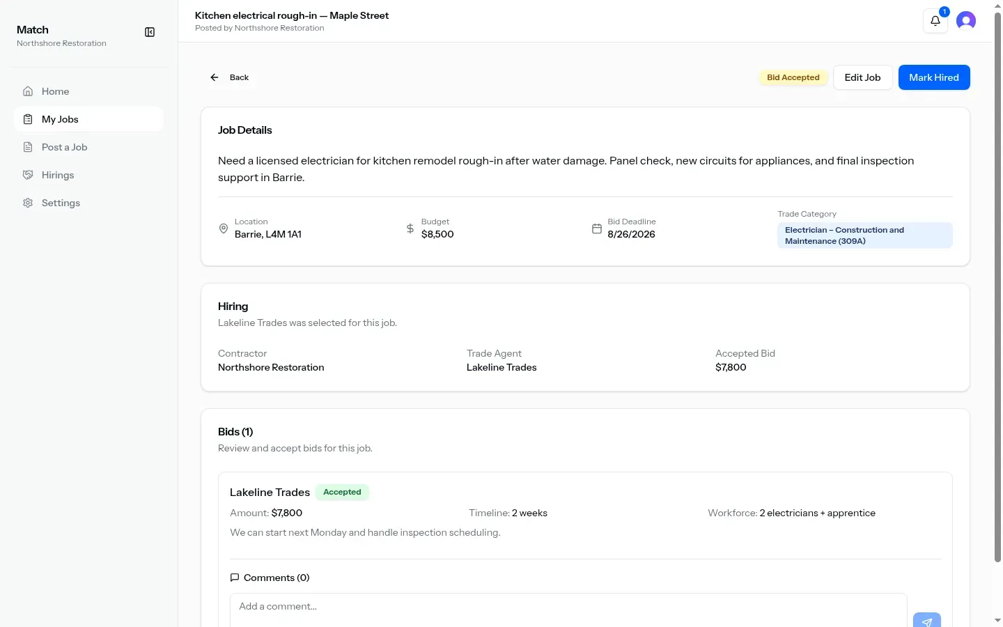 Job detail for kitchen electrical rough-in with bids and hiring actions