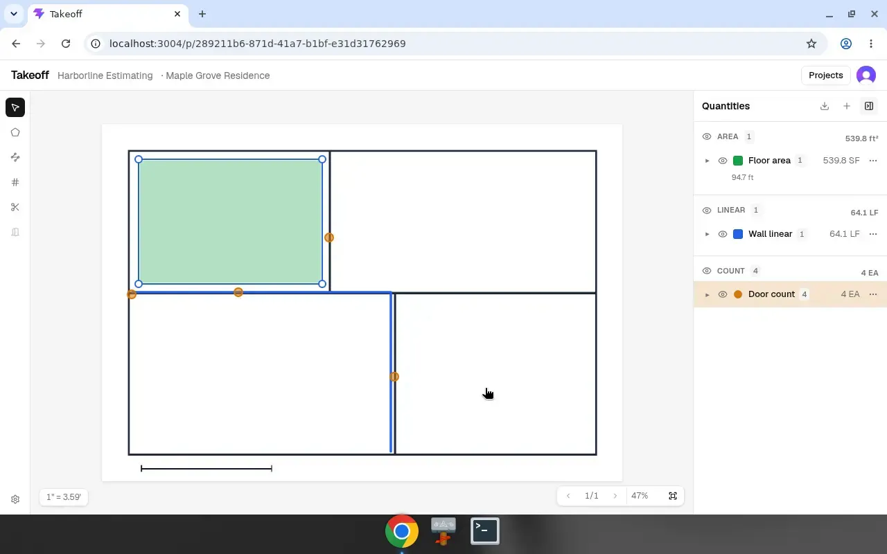 Measuring area, linear, and count on a floor plan with Quantities totals