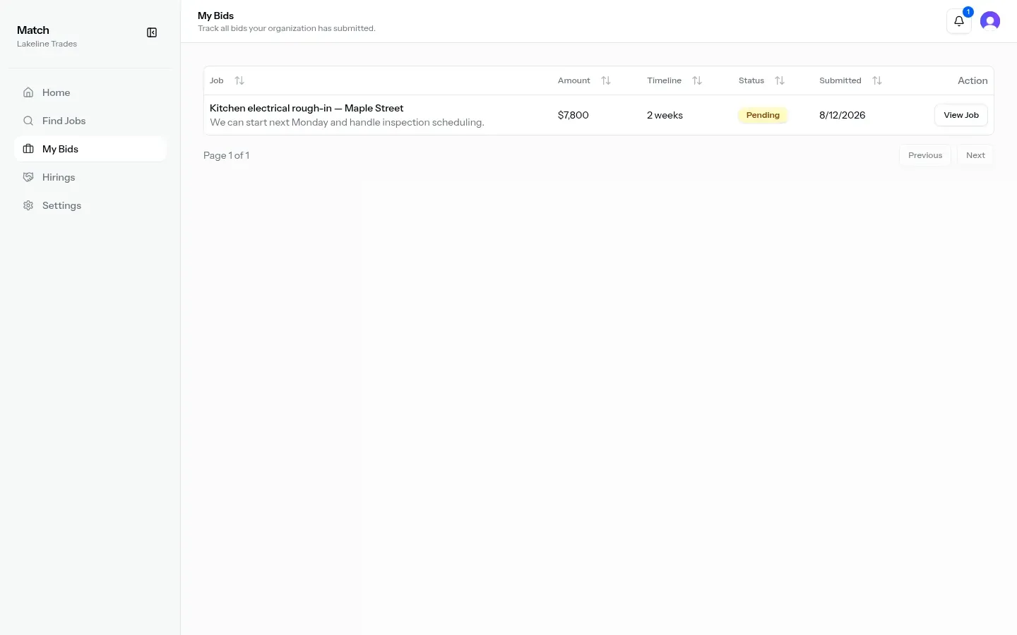 My Bids table tracking submitted bids and status