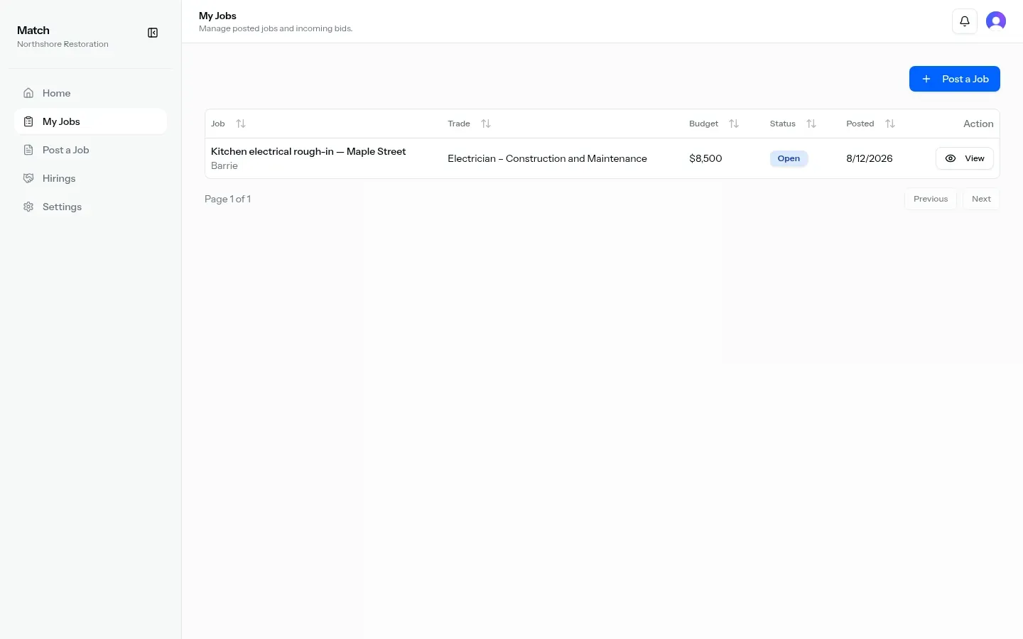 My Jobs table listing posted jobs and status