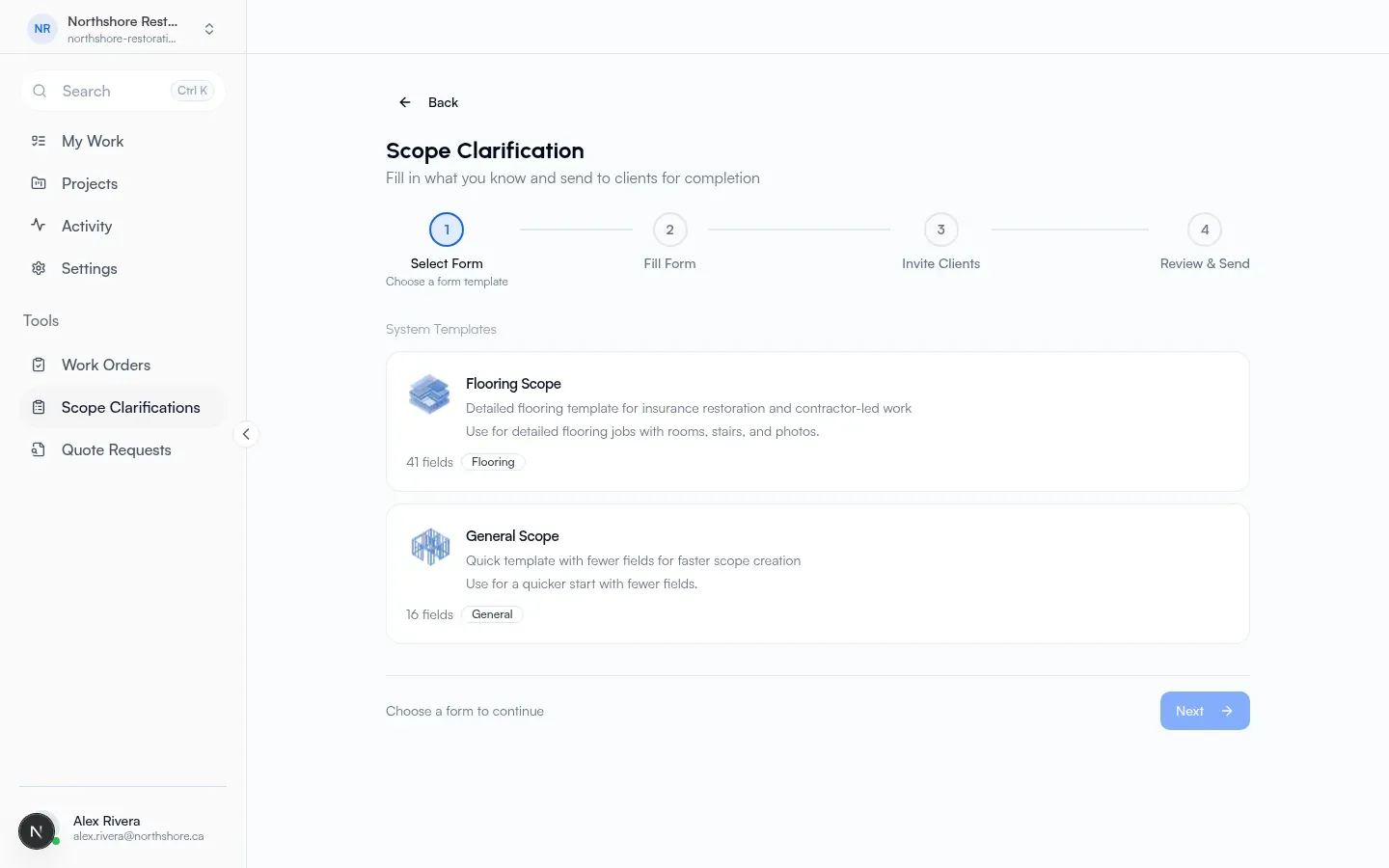Scope Clarification Select Form with system templates