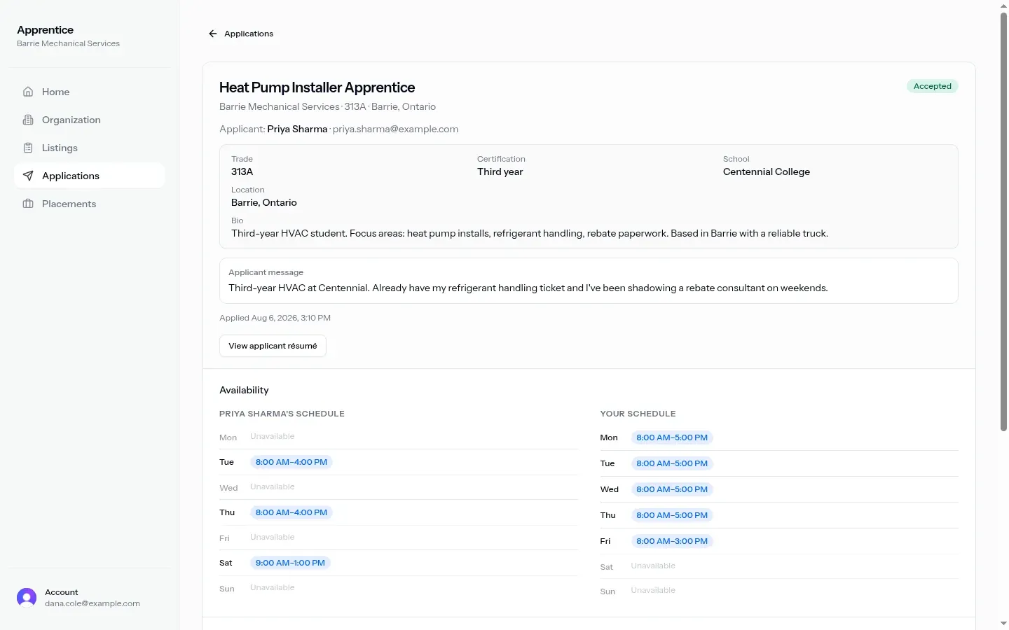 Application detail with applicant schedule and your schedule