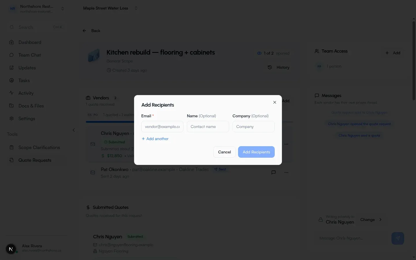 Add Recipients dialog on a quote request