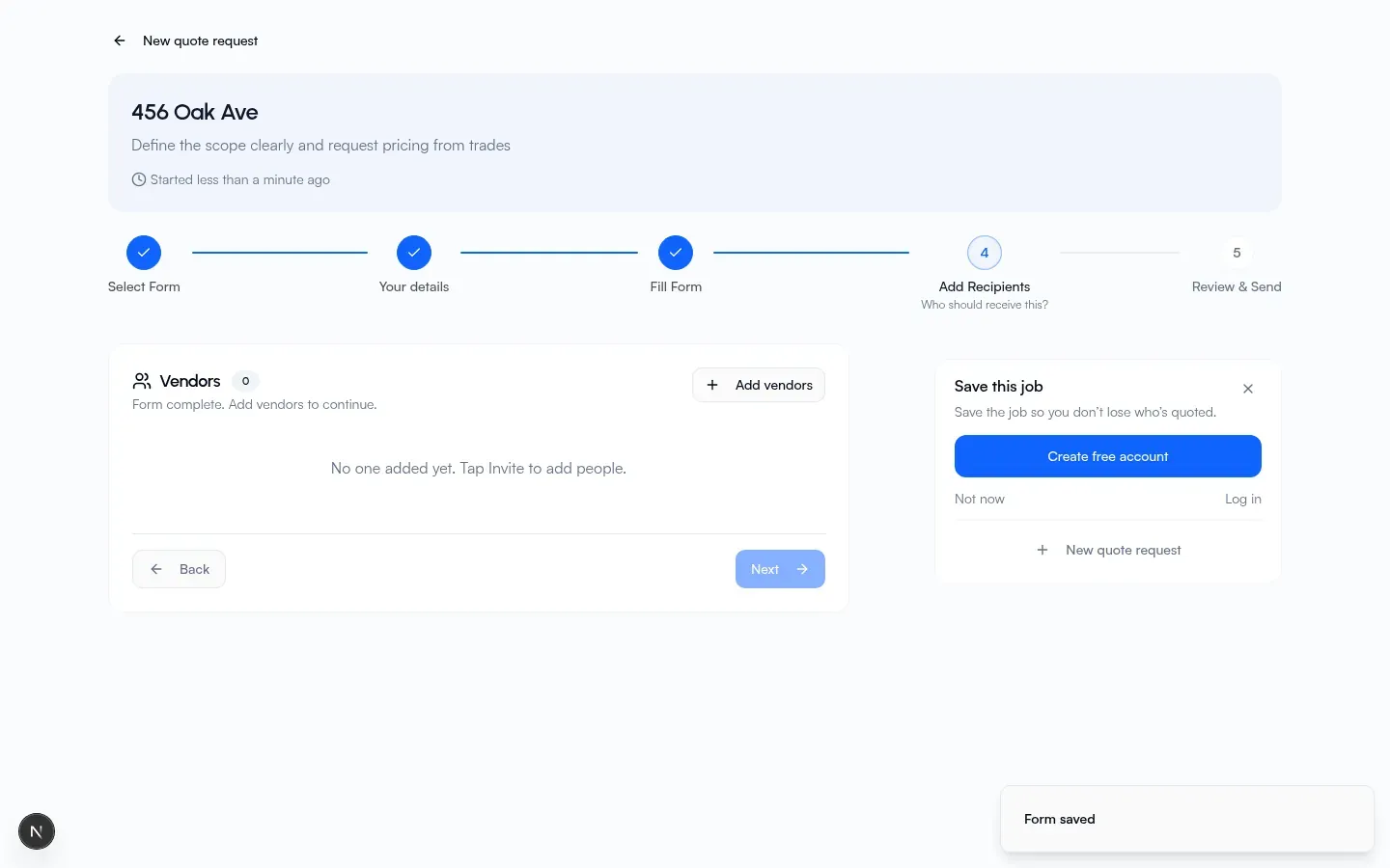 Request Quote Add Recipients step on creator track