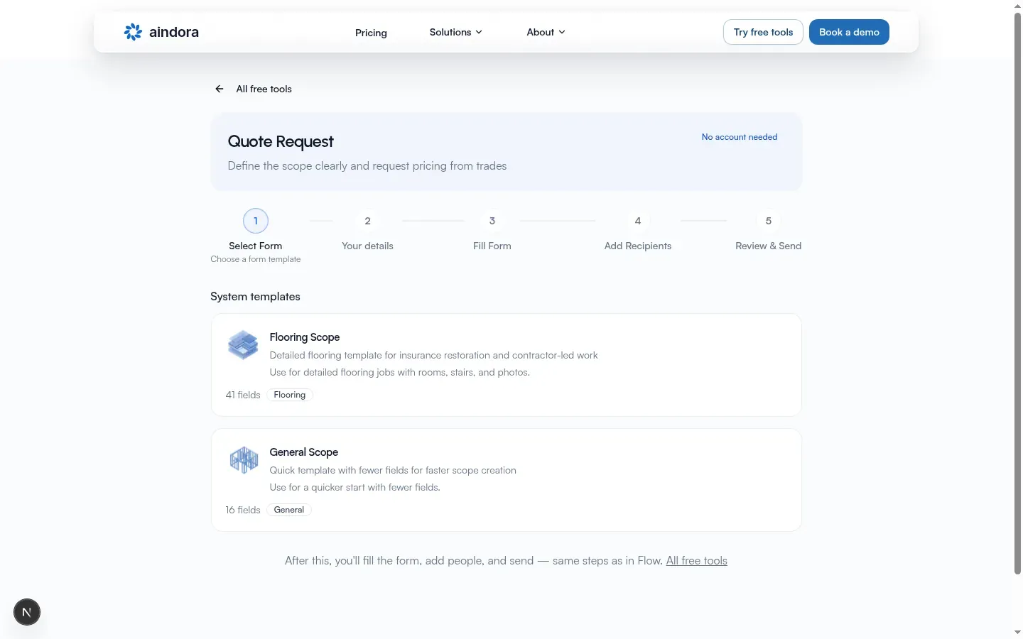 Request Quote Select Form with system templates