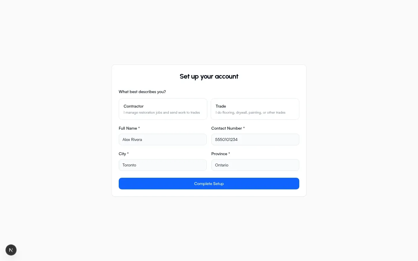 Set up your account form with Contractor selected