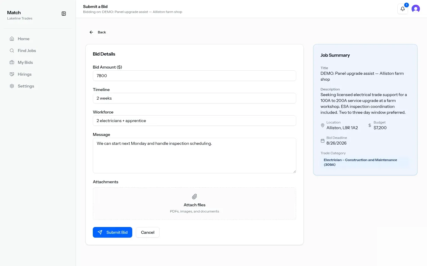 Submit a Bid form with amount, timeline, and workforce