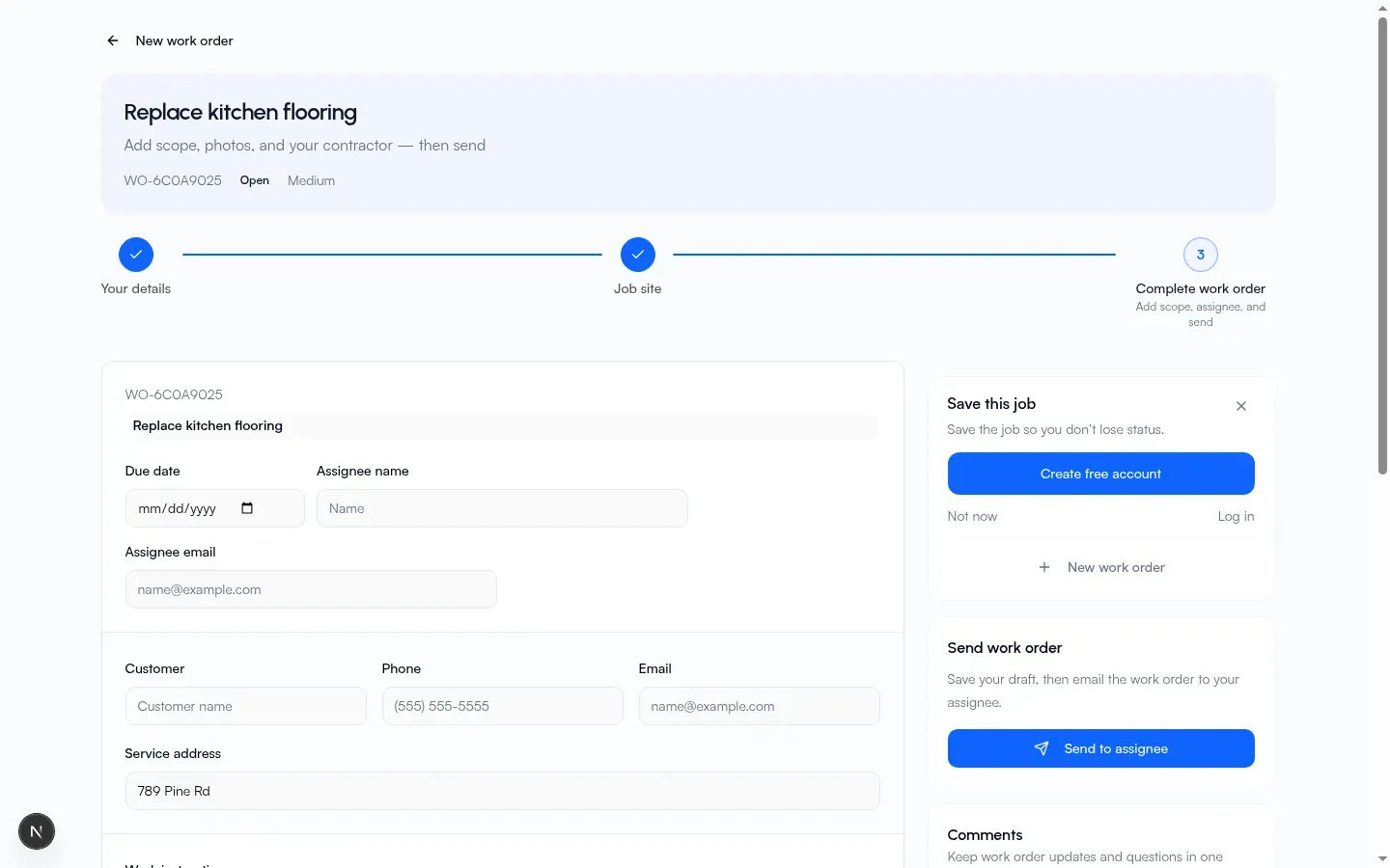 Work Order creator tracking link complete step