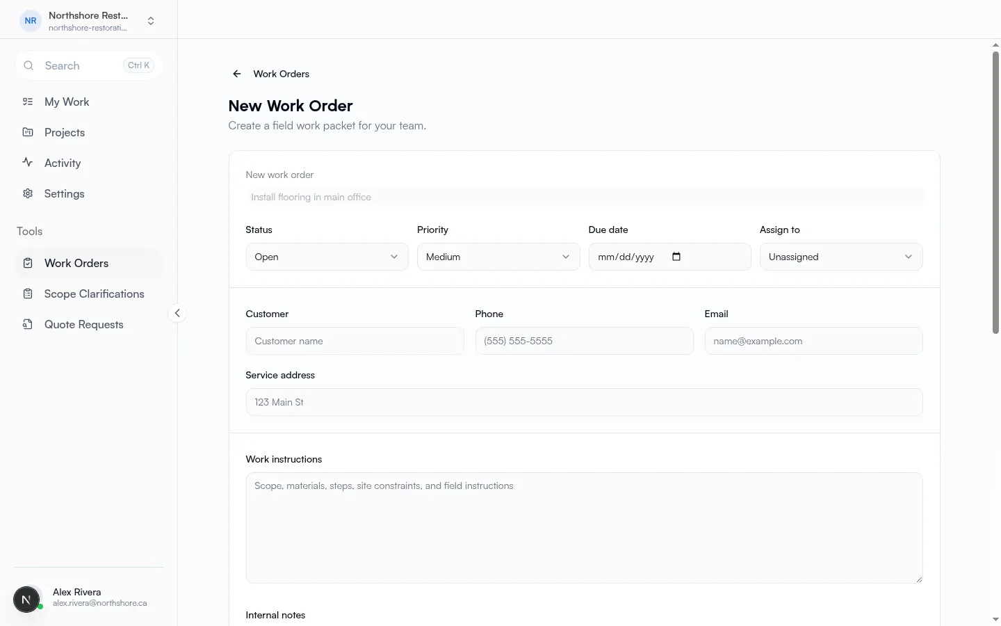 New Work Order form