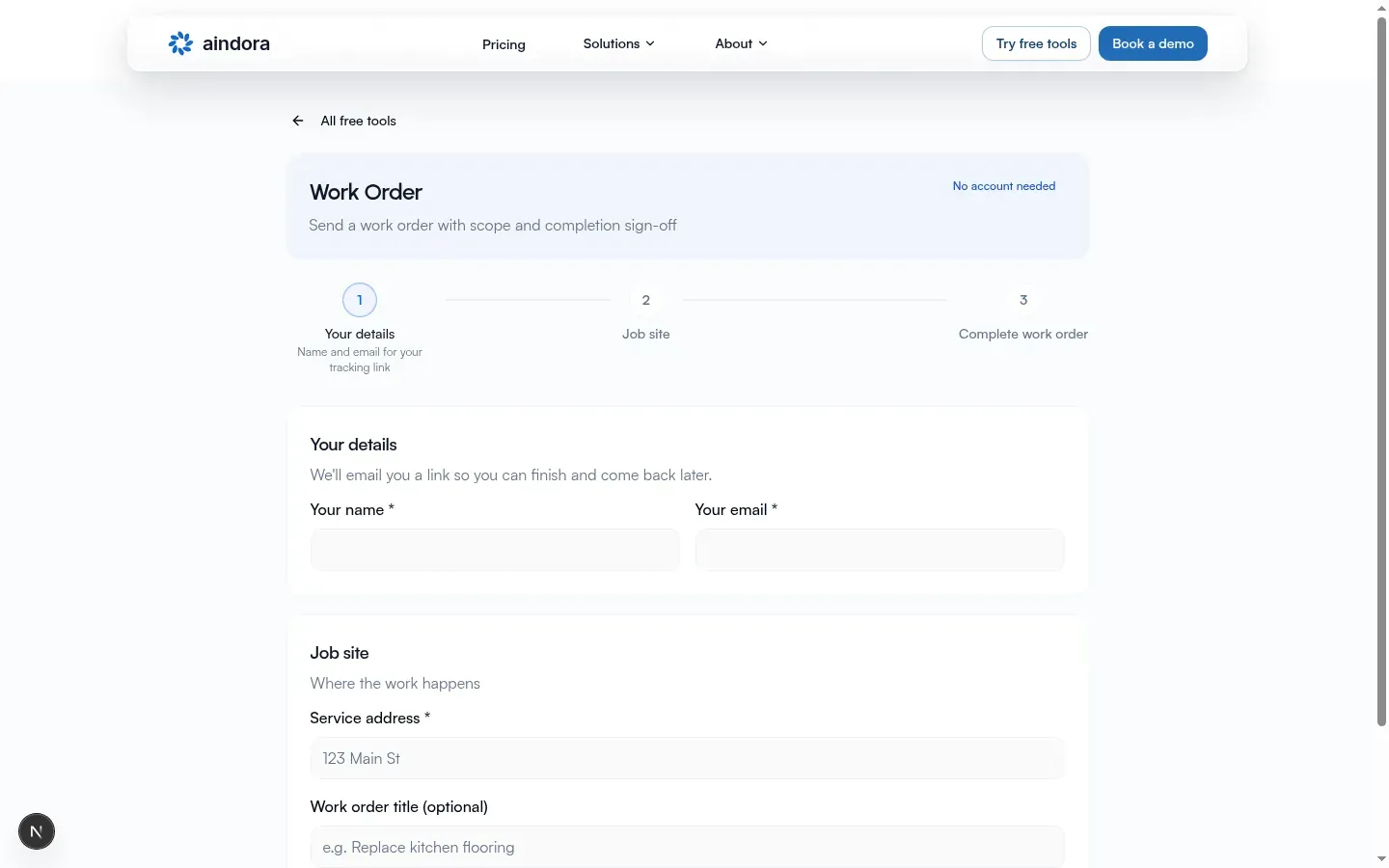 Work Order free-tool create wizard