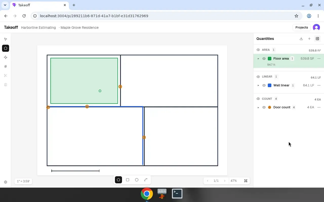 Takeoff workspace measuring a floor plan with Tools and Quantities